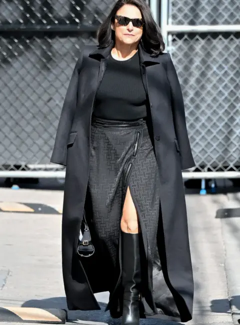 Julia Louis-Dreyfus Stuns in Black Coat and Skirt Ensemble on Jimmy Kimmel Live in LA 04-29-25