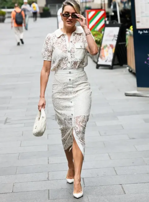 Stunning Style: Ashley Roberts Making Waves in Lace and Miu Miu Mini Bag at Heart Radio Studios 06-16-25