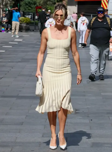 Ashley Roberts Rocks a Striped Cream Dress at Heart Radio Studios 06-23-25