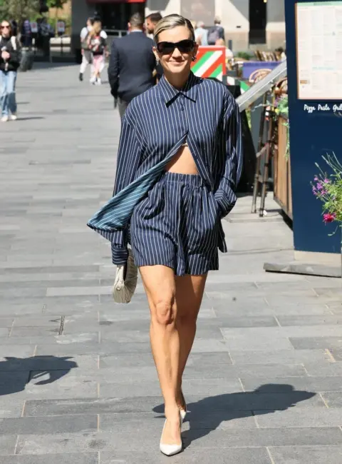 Stylish Ashley Roberts Rocks Coordinated Stripes Outside Heart Breakfast Show 06-13-25