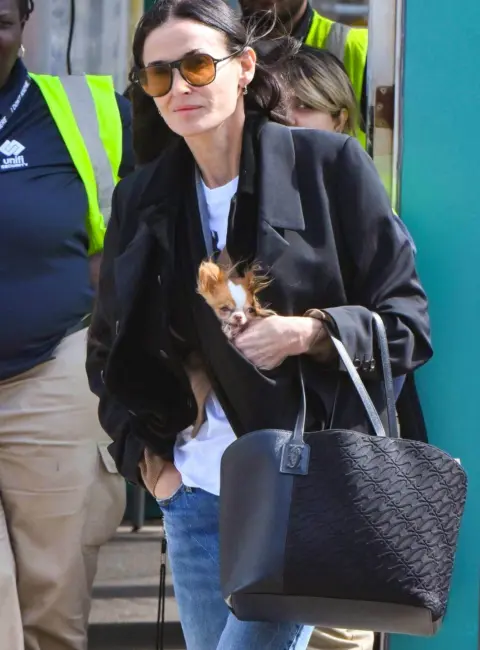 Demi Moore and Her Furry Companion Pilaf Jetting Off from JFK Airport 09-09-2025