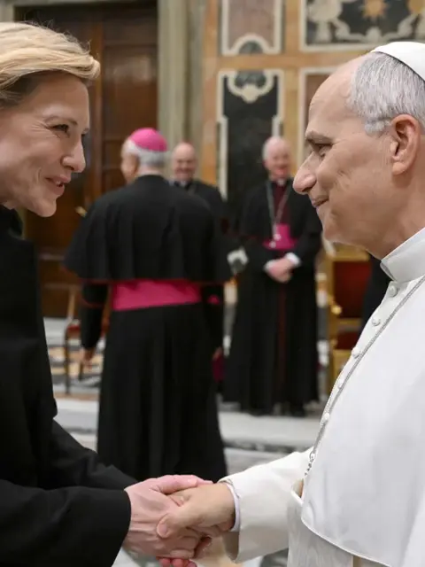 Cate Blanchett Leaves After Pope Leo XIV Hosted an Audience with Cinema and Television Representatives, Vatican City 11-15-2025