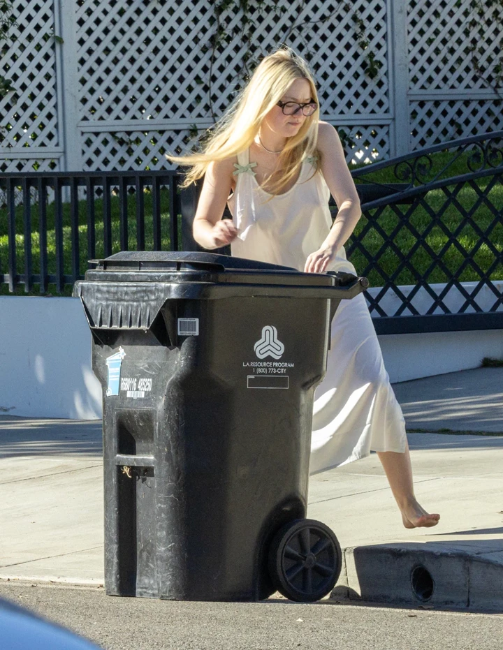 Dakota Fanning Spotted Bringing in Her Trash Bin at Home in Los Angeles 10-31-2025